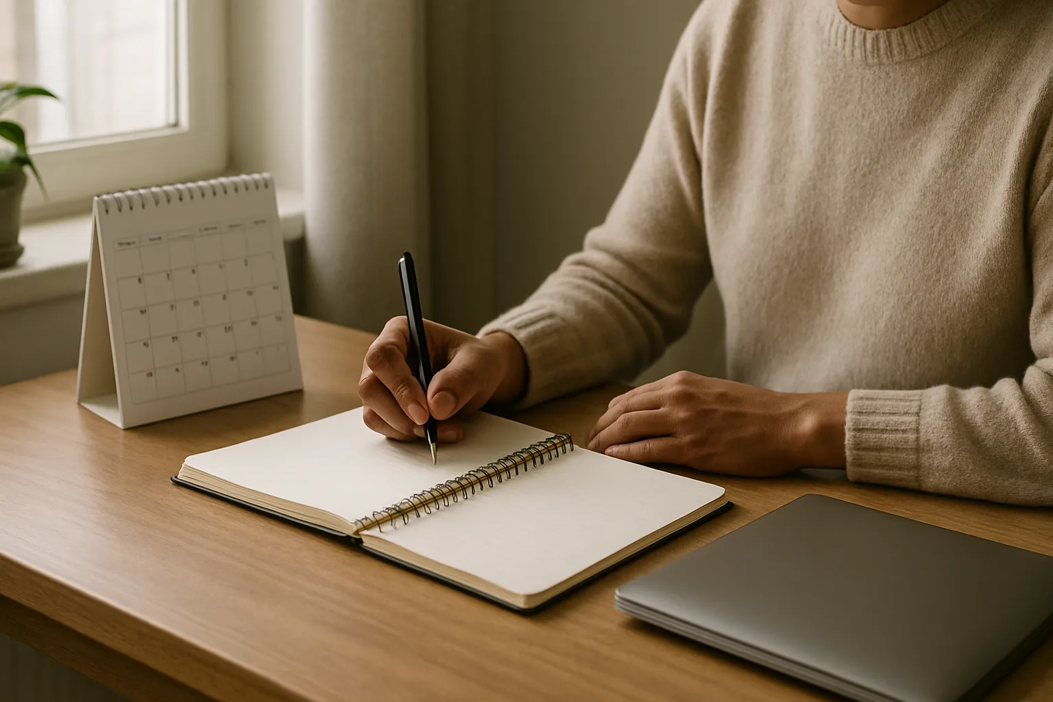 Un adulte organise son projet de reconversion à un bureau avec un carnet et un calendrier.