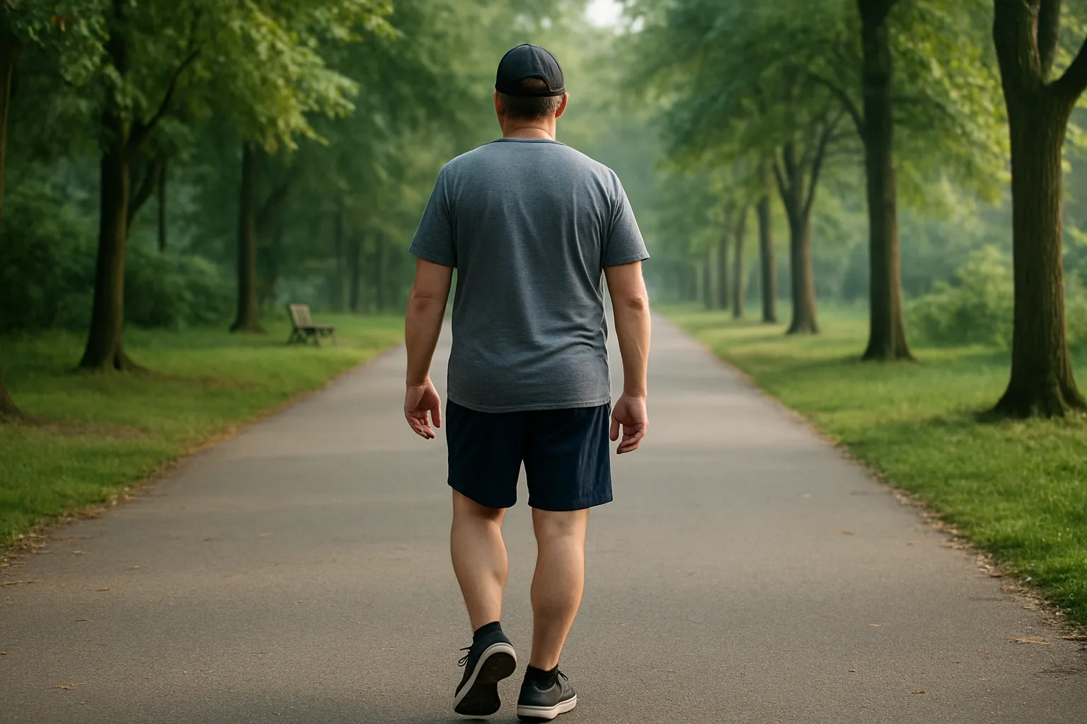 Une personne marche à allure modérée sur un chemin arboré.
