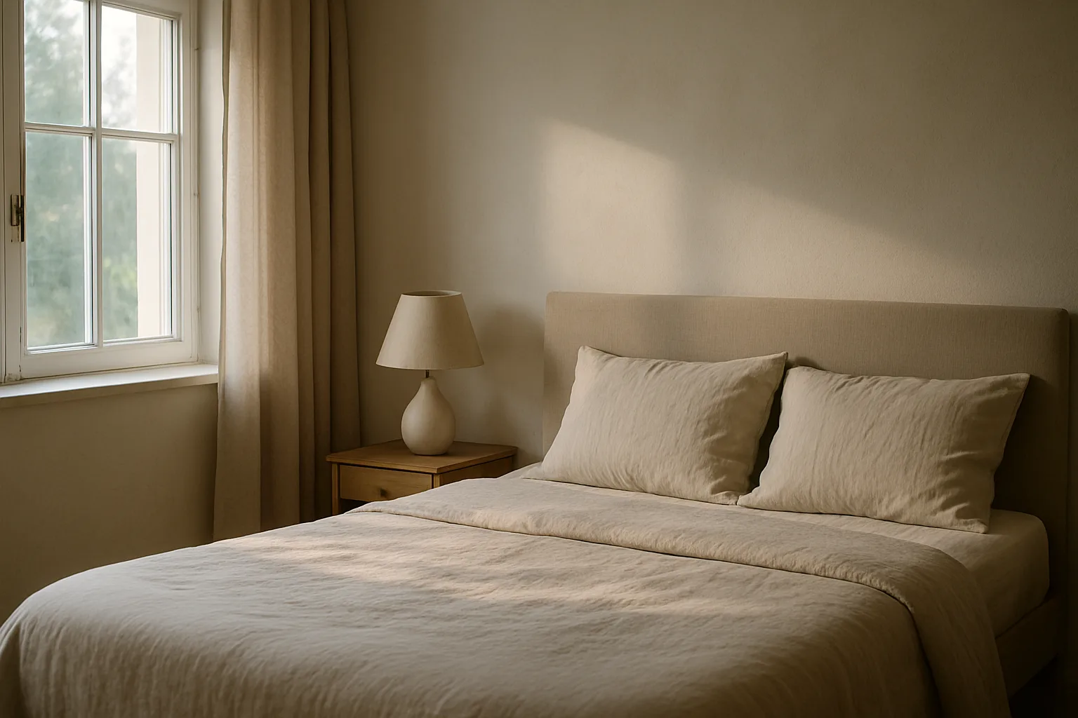 Une chambre calme éclairée par la lumière naturelle du matin.
