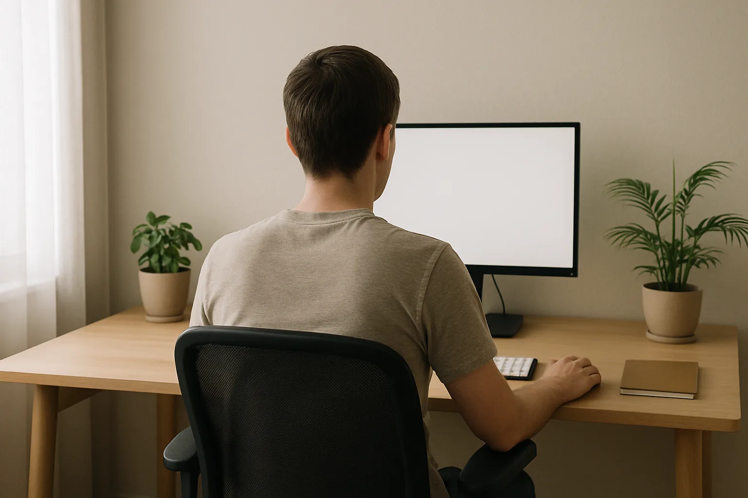 Personne travaillant devant un écran placé à hauteur des yeux, assise sur une chaise de bureau.
